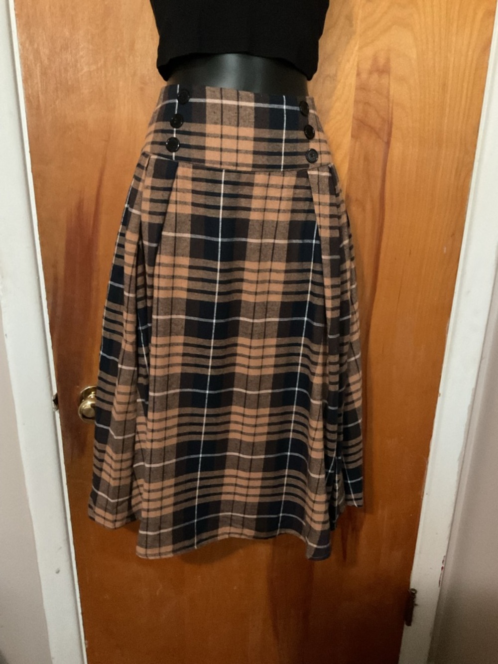 High-Waist Plaid A-Line Midi Skirt in Camel and Navy